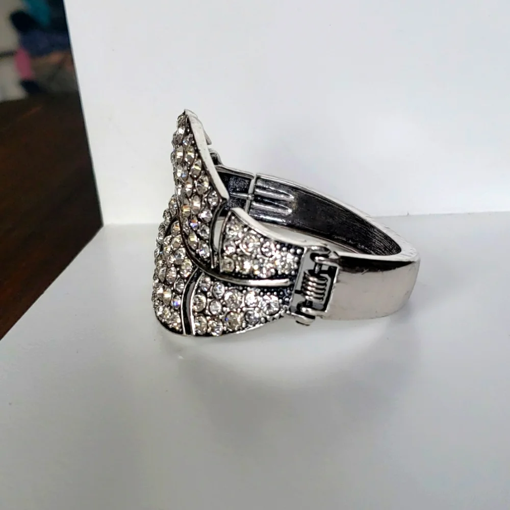 Silver Tone Jewel Encrusted Leaf Hinged  Bracelet